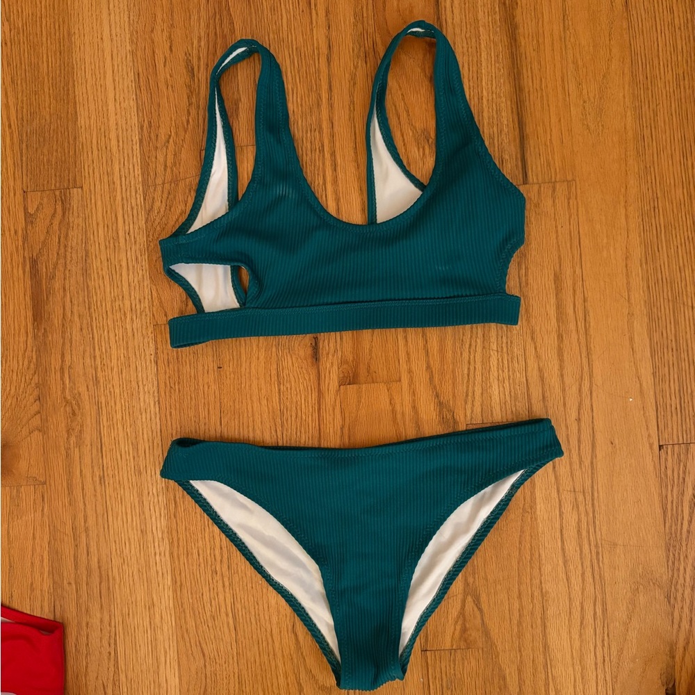 Teal ribbed cut out bikini set